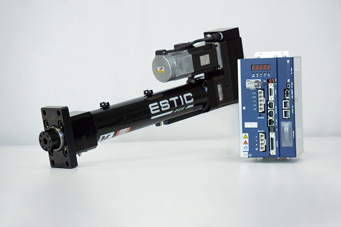 This is an image of Estic's servo press. Because it uses a servo motor, it is low noise, clean, and energy-saving compared to hydraulic and pneumatic presses.